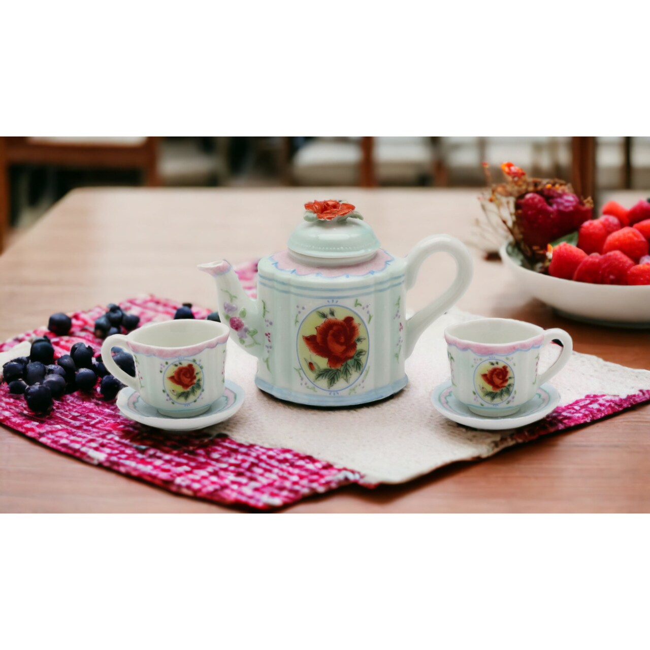 Ceramic Red Rose Mini Tea Set-5 Piece Set,Home Decor Gift Idea Interior Decor
